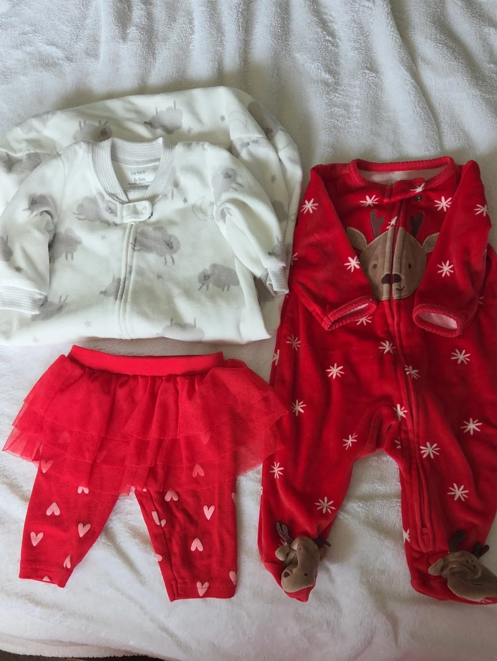 Carters Bundle:Red Reindeer Baby Footed Pajamas & Tulle Heart Leggings Set.
